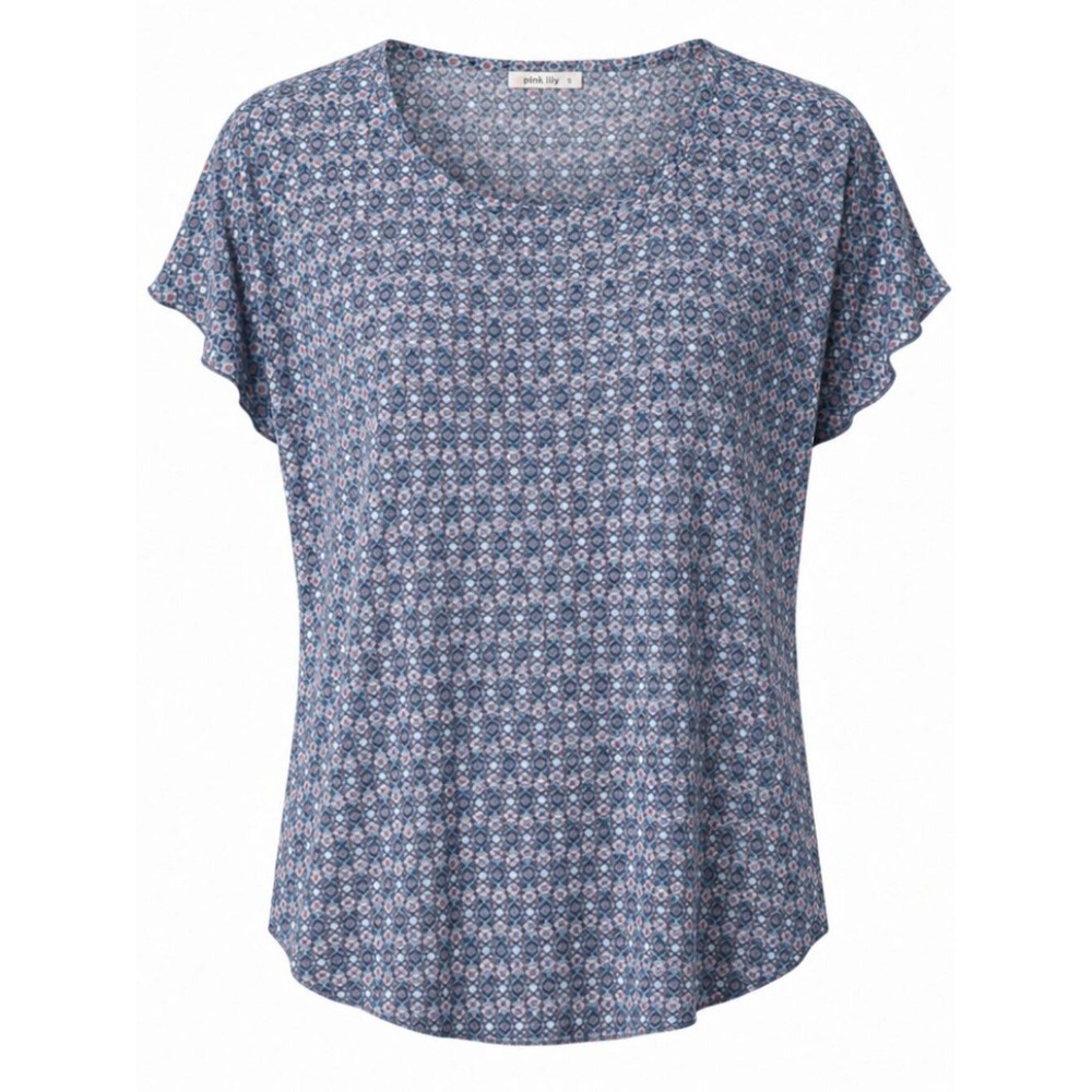 Pleione Colorful Women's Geometric Short Sleeve Blouse Top Medium